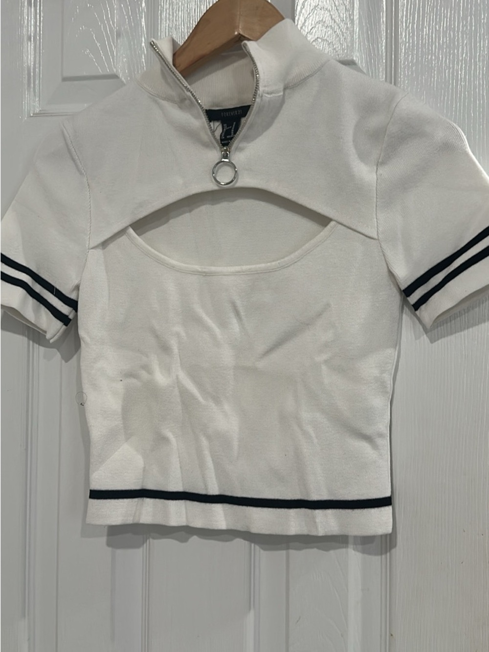 Forever 21 White Crop Top with Black Trim and Keyhole Zip